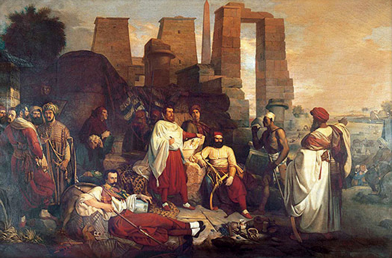 Bernardino Drovetti con Antonio Lebolo e il conte De Forbin tra le rovine di Karnak, 1818 M.
