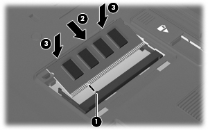 b. Afferrare il modulo per il bordo (2) ed estrarlo delicatamente dallo slot. Per proteggere un modulo di memoria dopo averlo rimosso, conservarlo in un contenitore antistatico. 10.