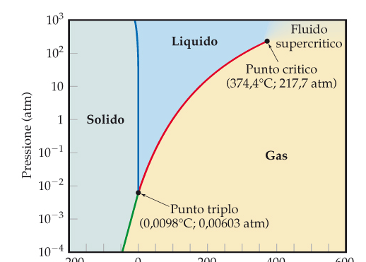 Diagramma di fase dell acqua A B C D A = punto di fusione normale*: B = punto di ebollizione normale: C = punto triplo: coesistenza di 2 stati (760 mmg; 0 C) coesistenza di 2 stati (760 mmg; 100 C)