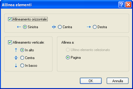 Finestra Allinea elementi 14 Finestra Allinea elementi La finestra Allinea elementi consente di allineare gli oggetti relativi alla pagina, ovvero l'area di disegno modificabile o un altro oggetto.