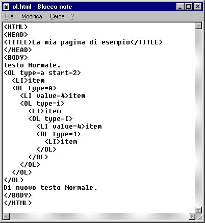 Ordered List <OL> Attributi: type=1 a A i I start=numero
