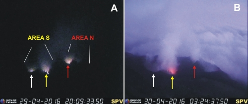 osservate esplosioni da una bocca (Fig. 1.2 A e B, freccia gialla) ubicata immediatamente a nord di quella già attiva (Fig. 1.2 A e B, freccia bianca); le esplosioni sono diventate via via più frequenti, fino ad essere quasi continue.