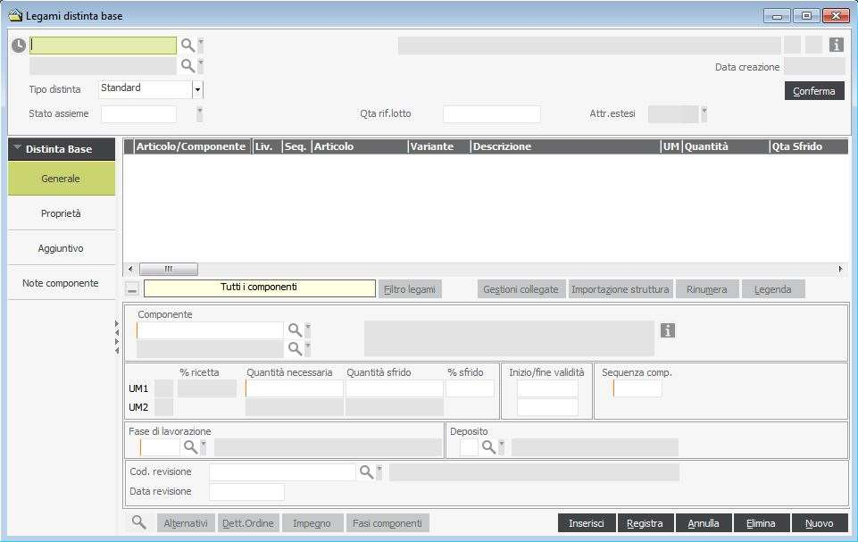 Ciclo tecnico produttivo Dati Tecnici Distinta base Tipologie di distinte basi: Tecnica Fornitore Cliente Progetto Gestione distinta base parametrica (formule) Date di validità Configuratore varianti