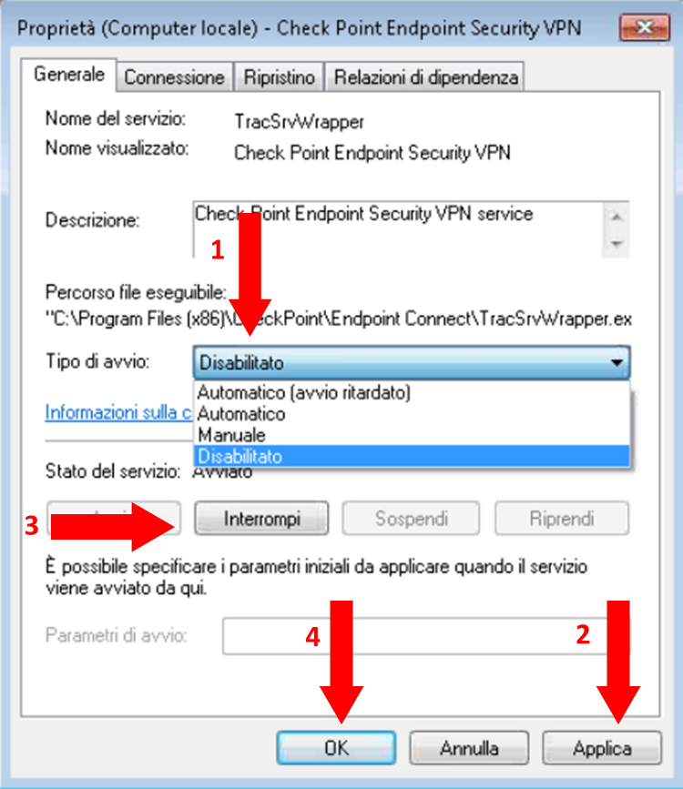 Doppio click sul servizio Check Point Endpoint Security VPN per accedere alle proprietà.