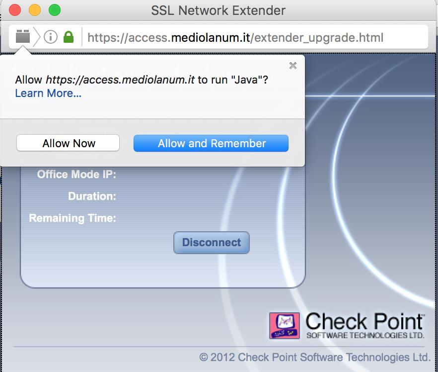 Automaticamente il firewall Check Point richiede l installazione del client SSL/VPN (Java).