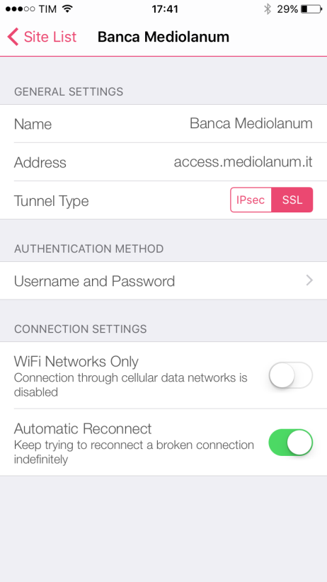 Disconnettere la VPN e modificare i parametri di connessione tramite la i a fianco del nome del sito. Selezionare Edit Site e modificare il TUNNEL TYPE da IPsec a SSL.