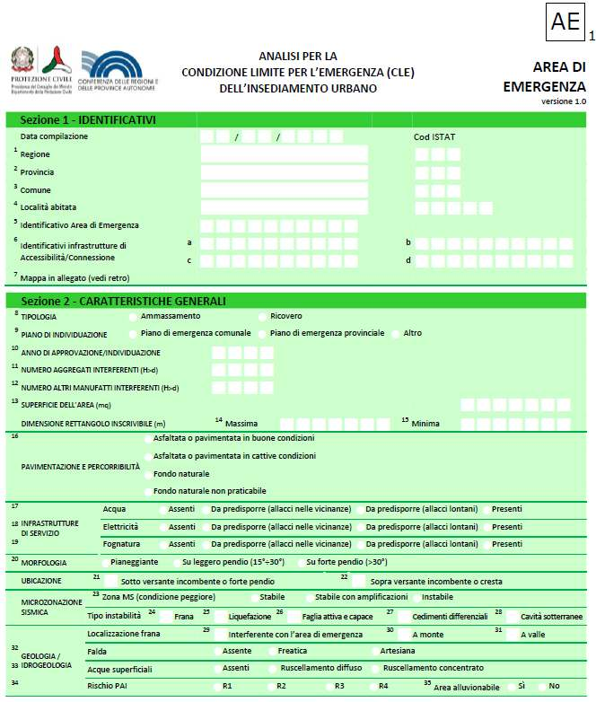 La scheda AE Scheda AE Identificazione Area ed Infrastrutture Caratteristiche generali: Tipologia;