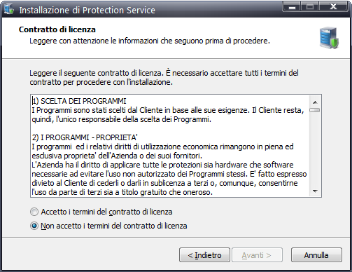 Viene avviato il Wizard d installazione, con la richiesta dei termini di licenza Cliccare