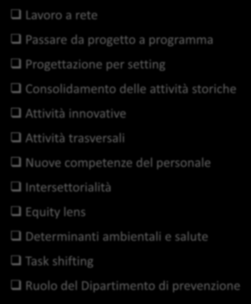 Lavoro a rete Passare da progetto a programma Progettazione per setting Esplicitazione dei punti cardine della programmazione regionale Dgr 2705 del 29/12/2014 Consolidamento delle attività