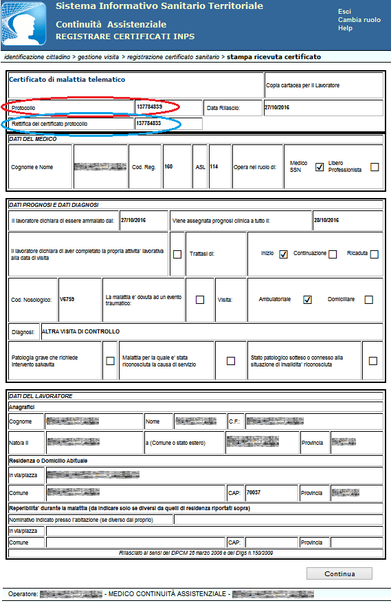 Figura 29 Cliccando su CONTINUA, il sistema sottopone il certificato a controlli per verificare la congruità dei dati inseriti e, se non ci sono