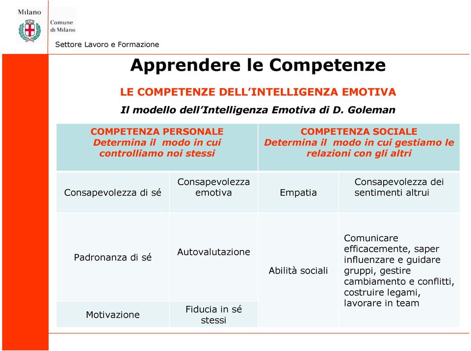 relazioni con gli altri Consapevolezza di sé Consapevolezza emotiva Empatia Consapevolezza dei sentimenti altrui Padronanza di sé Motivazione