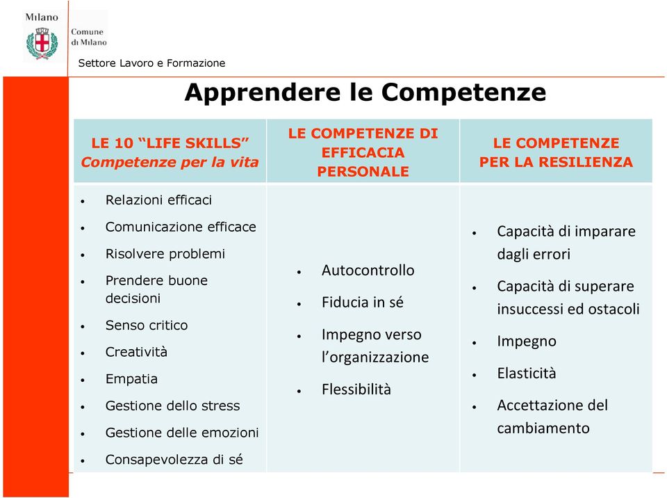 COMPETENZE DI EFFICACIA PERSONALE Autocontrollo Fiducia in sé Impegno verso l organizzazione Flessibilità LE COMPETENZE PER LA