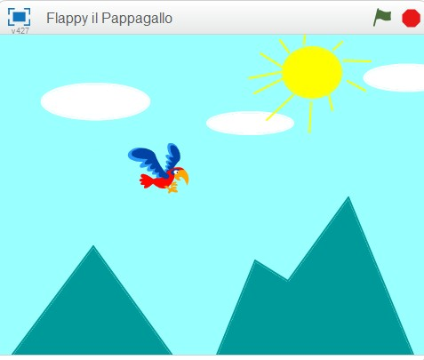 Vedrai il tuo amico Flappy in mezzo al cielo. Ridimensiona lo Sprite cliccando sopra i pulsanti e posizionando il puntatore del mouse sul pappagallo.