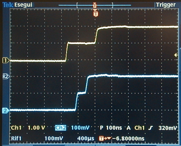 La lunghezza totale del cavo è ancora misurata dalla larghezza del gradino intermedio al lato vicino (circa 150 ns in questo esempio).