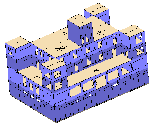 In particolare sono stati impiegati i seguenti elementi computazionali: macroelementi piani 2D per la modellazione dei pannelli murari; diaframmi piani deformabili elasticamente per la simulazione