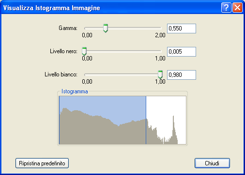 Video Figura A. Visualizza Istogramma Immagine 2. Spostare i cursori per modificare il valore Gamma, Livello nero e Livello bianco.