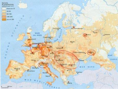 Densità di popolazione in Europa Come è evidente dalla carta, la popolazione si concentra nelle aree urbane, che sono più presenti in