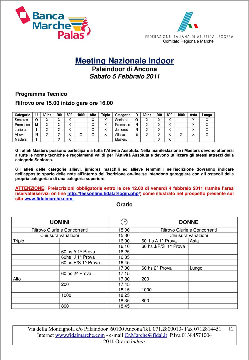 Juniores N X X X X X Allievi N X X X X X X Allieve E X X X X X X Masters I X X Masters X X Gli atleti Masters possono partecipare a tutta l Attività Assoluta.