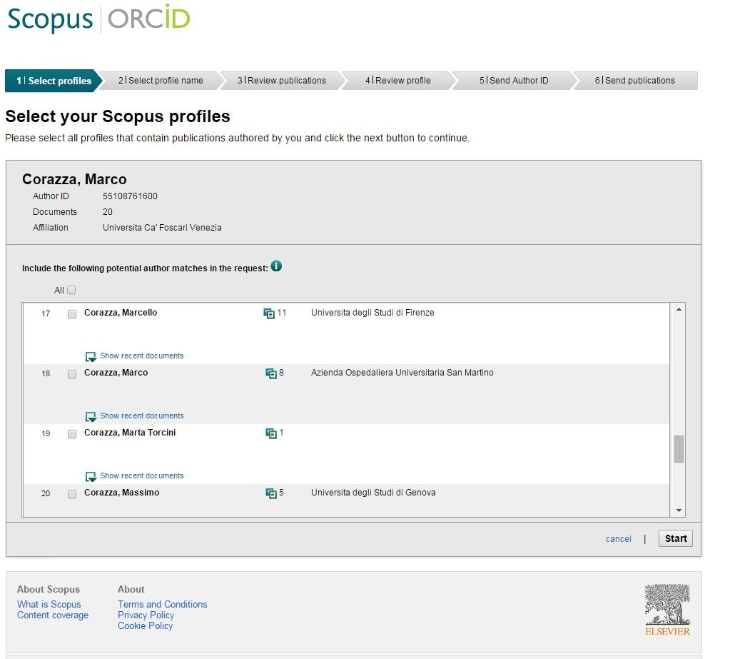 Figura 4 Scheda di verifica del profilo scelto per l associazione Scopus ORCID.