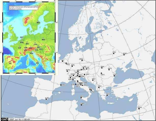 Figura 2 - Sottorete di stazioni permanenti GPS elaborate settimanalmente dal Centro di analisi EUREF presso l Università di Padova.