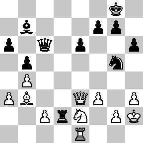 N, che evidentemente pone le sue speranze nella spinta b4 che sgombera la strada al suo pedone c. 32. Ad3; 33. Te3 b4; 34. Ab2 Da5; 35. Txd3? Resistevano, con buone probabilità di successo, sia 35.