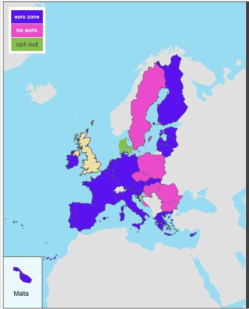 Eurozona Stati membri: Austria, Belgio, Cipro, Estonia, Finlandia, Francia, Germania, Grecia, Irlanda, Italia, Lettonia, Lituania, Lussemburgo, Malta, Paesi Passi, Portogallo, Slovacchia, Slovenia,