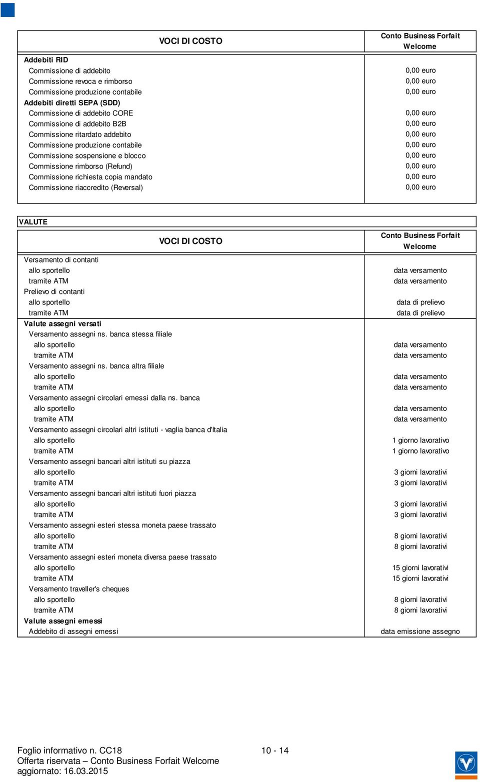 VALUTE VOCI DI COSTO Versamento di contanti Prelievo di contanti Valute assegni versati Versamento assegni ns. banca stessa filiale Versamento assegni ns.