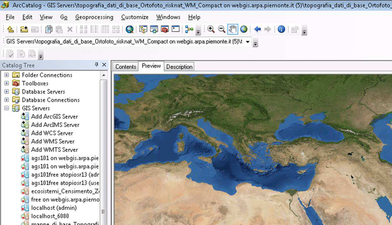 3.3 Caricare il servizio WMS in ArcGIS - ArcCatalog La procedura relativa al caricamento di un geoservizio WMS in ArcCatalog è sostanzialmente identica a quella descritta per ArcGis. Fig.