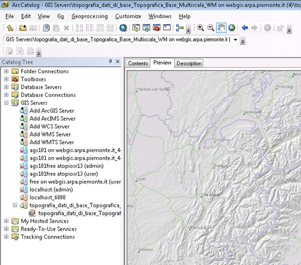 3.5 Caricare il servizio WMTS in ArcGIS - ArcCatalog La procedura relativa al caricamento di un geoservizio WMTS in ArcCatalog è sostanzialmente identica a quella descritta per ArcGis. Fig.