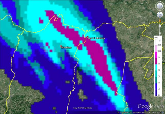 In Figura 9 sono mostrate le mappe di pioggia cumulata oraria, stimata da radar, con dettaglio sulle zone dove sono stati osservati i centri di scroscio più intensi tra le 19:00 e le 20:00 UTC.