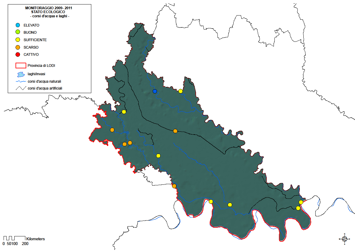 22 Distribuzione dei corpi idrici fluviali della provincia di Lodi nelle classi di stato ecologico e di