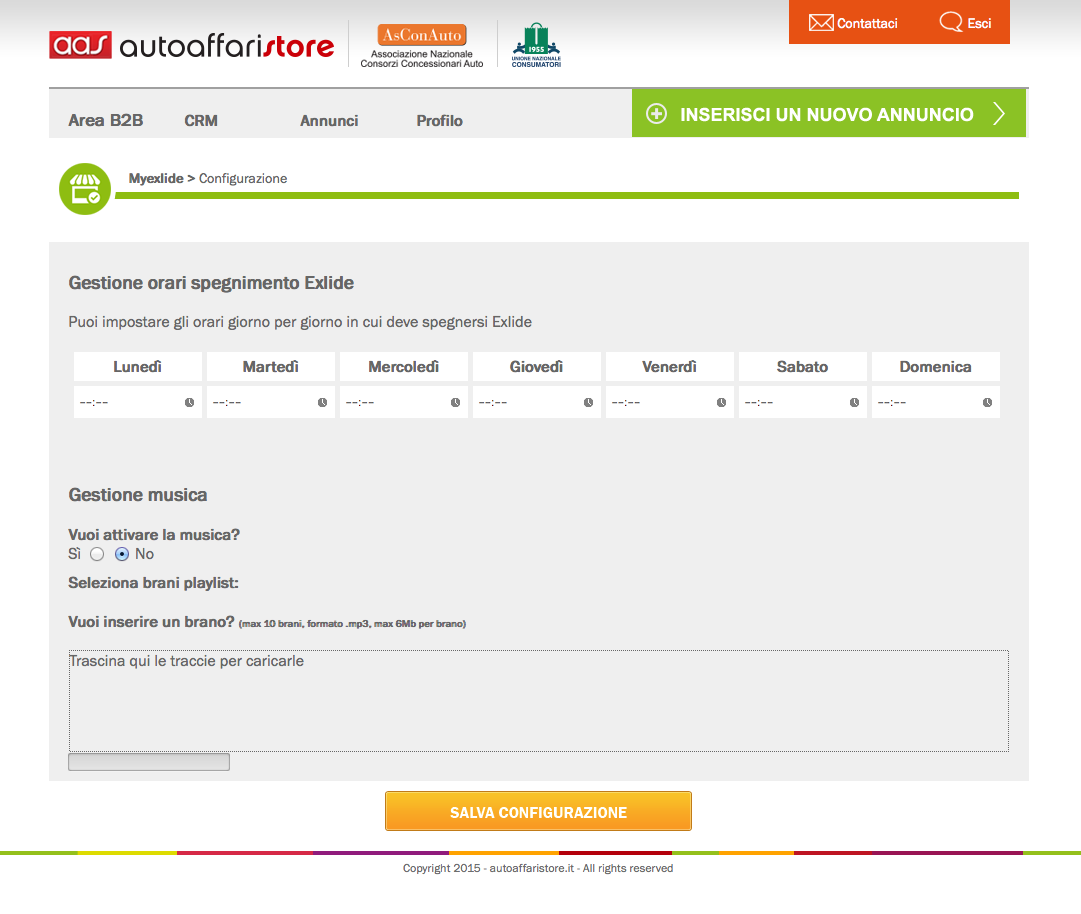 Configurazione Configurazione orari spegnimento Exlide e playlist musicale. (img 15) Contatti Invio di una e-mail ad autoaffaristore.