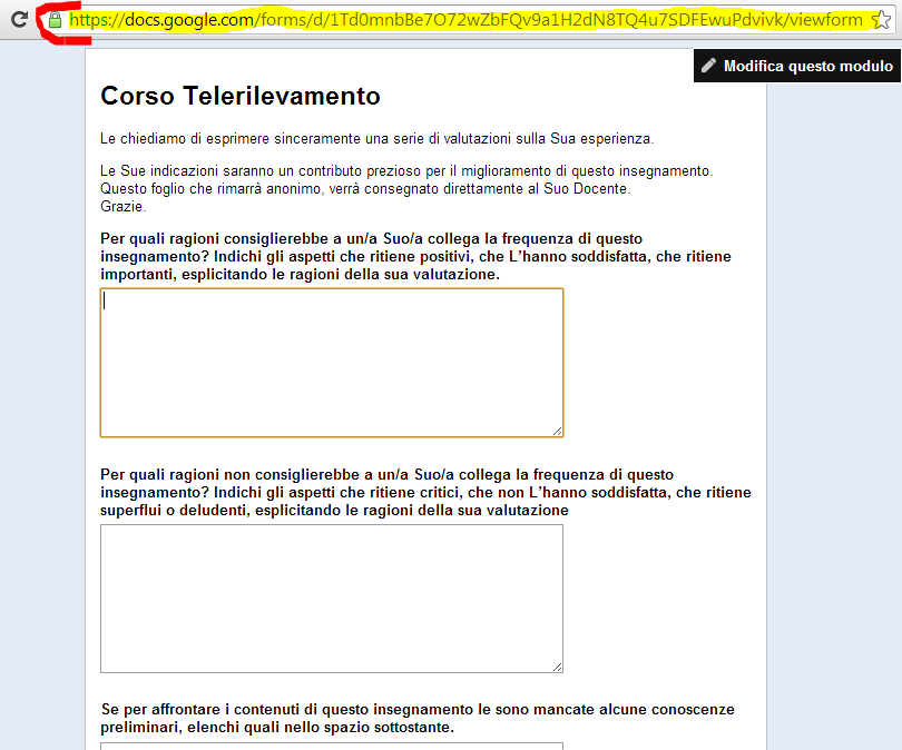 2a) Nel caso Mostra modulo online si aprirà una finestra con il modulo compilabile; COPIARE TUTTA la stringa nella barra dell indirizzo della pagina.