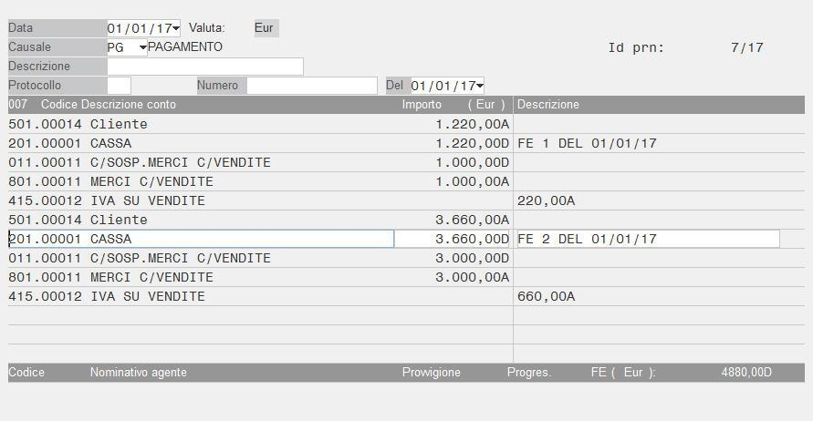 Il programma riporta sulla registrazione i riferimenti al documento incassato/pagato (numero e data fattura) ed i conti reali specificati nel documento di origine (nell esempio 415.