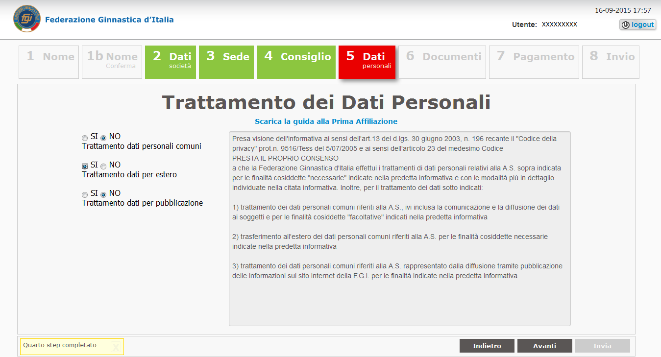 Passo 5 Dati personali In questa schermata è possibile scegliere come i dati personali debbano