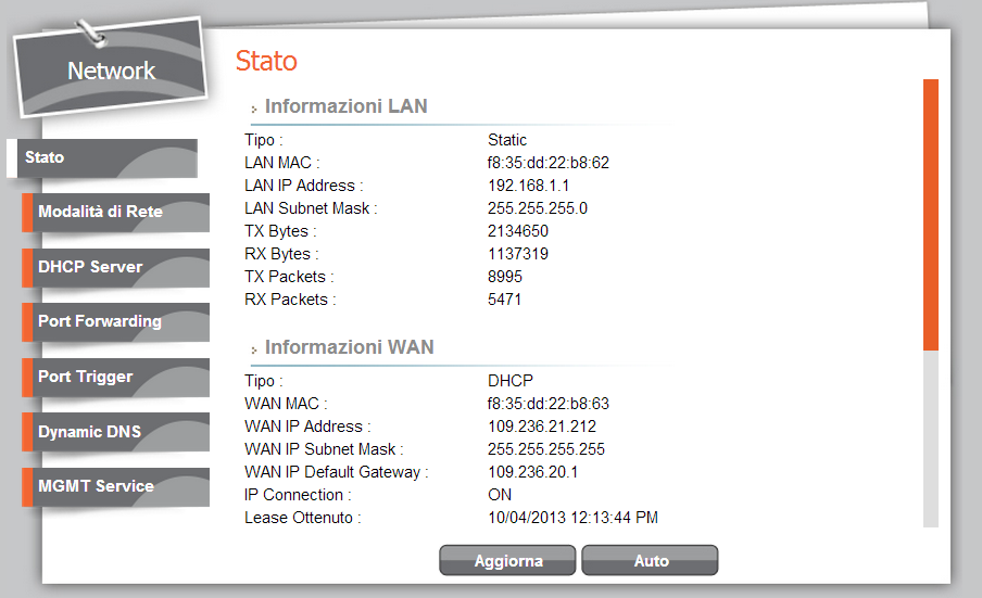 3.3.3 Verifica stato della rete IP Le informazioni relative allo stato della rete WAN e degli indirizzamenti assegnati è visibile nel menu Network > Stato.