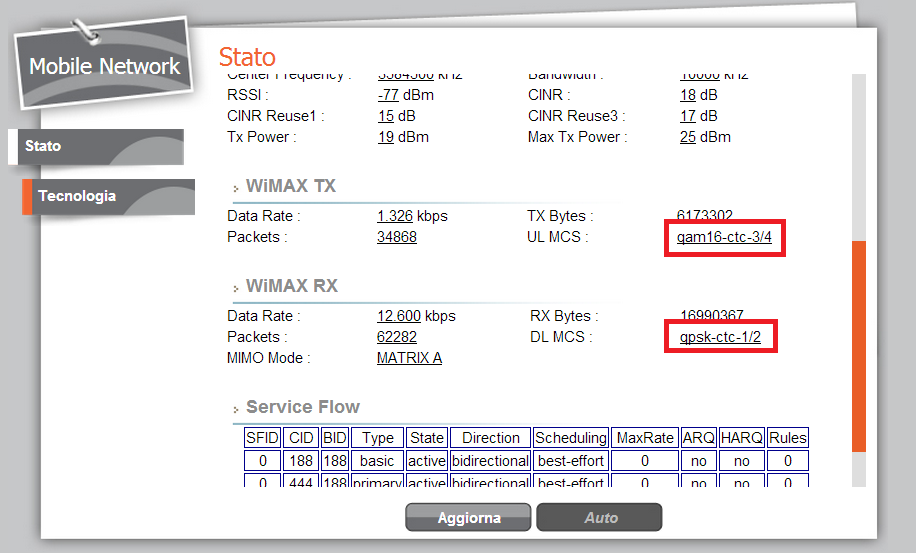 (c) [Solo per connessioni WiMAX] verificare che la modulazione in upload sia migliore di QPSK ½ e che la modulazione in download non sia inferiore a 16QAM ½ (dal pannello Mobile Network -> Stato).