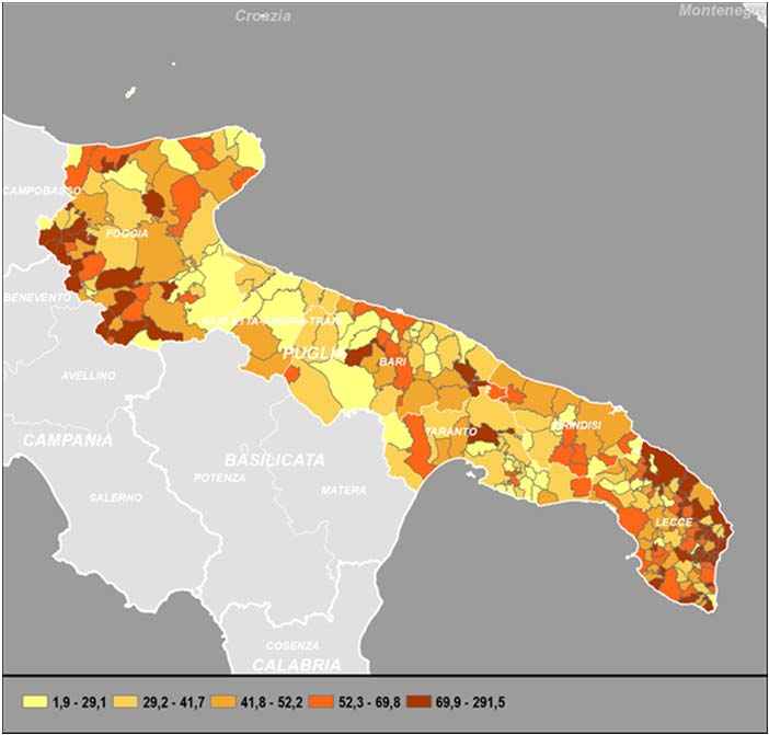 PRINCIPALI RISULTATI E PROCESSO DI RILEVAZIONE PUGLIA 39 Cartogramma 4.1 Numero di lavoratori retribuiti nelle unità locali delle Istituzioni non profit per 1.000 abitanti Cartogramma 4.