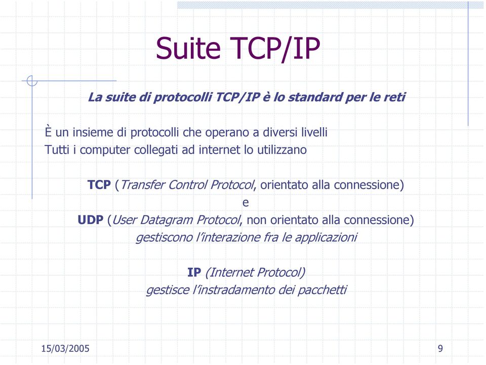 Protocol, orientato alla connessione) e UDP (User Datagram Protocol, non orientato alla connessione)