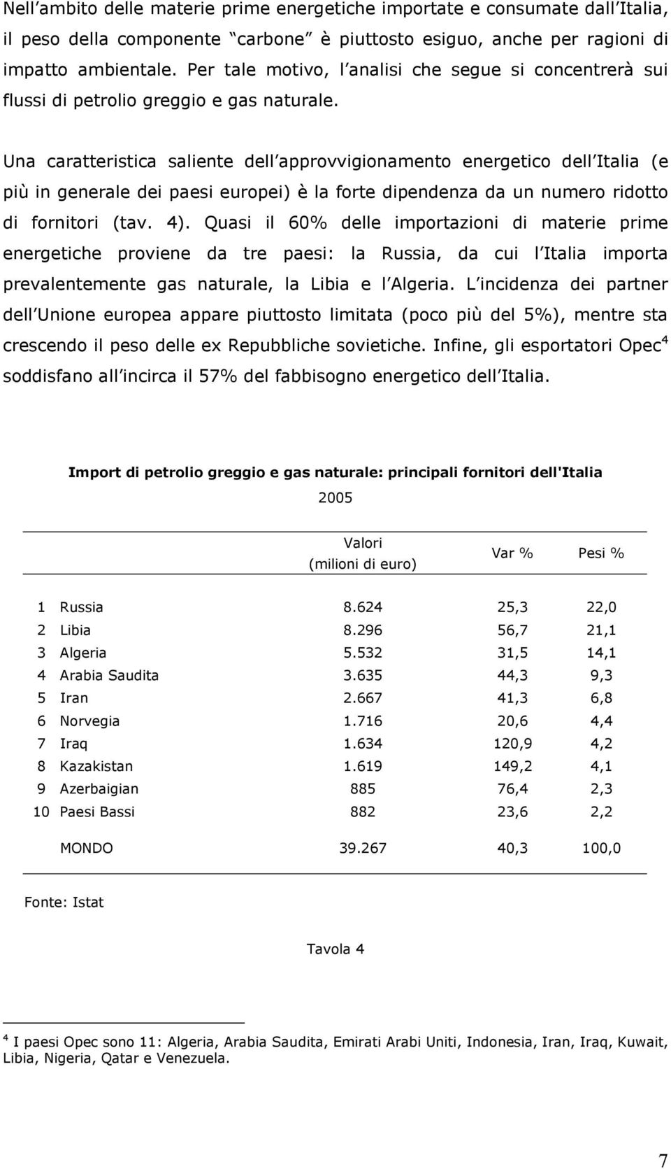 Una caratteristica saliente dell approvvigionamento energetico dell Italia (e più in generale dei paesi europei) è la forte dipendenza da un numero ridotto di fornitori (tav. 4).