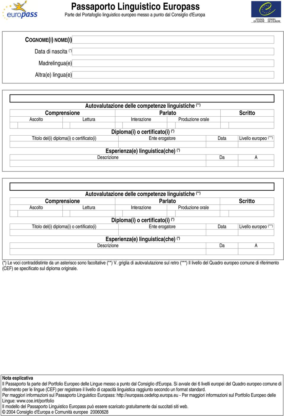 Data Livello europeo (***) Esperienza(e) linguistica(che) (*) Descrizione Da A Autovalutazione  Data Livello europeo (***) Esperienza(e) linguistica(che) (*) Descrizione Da A (*) Le voci