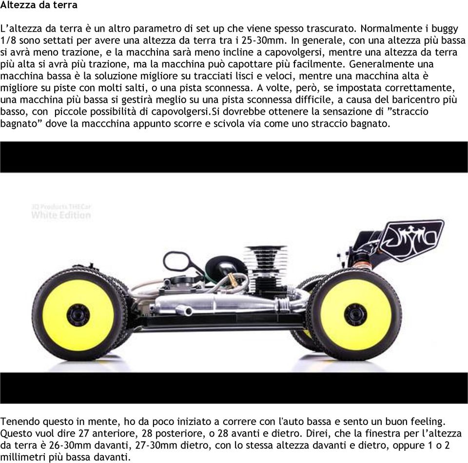 più facilmente. Generalmente una macchina bassa è la soluzione migliore su tracciati lisci e veloci, mentre una macchina alta è migliore su piste con molti salti, o una pista sconnessa.