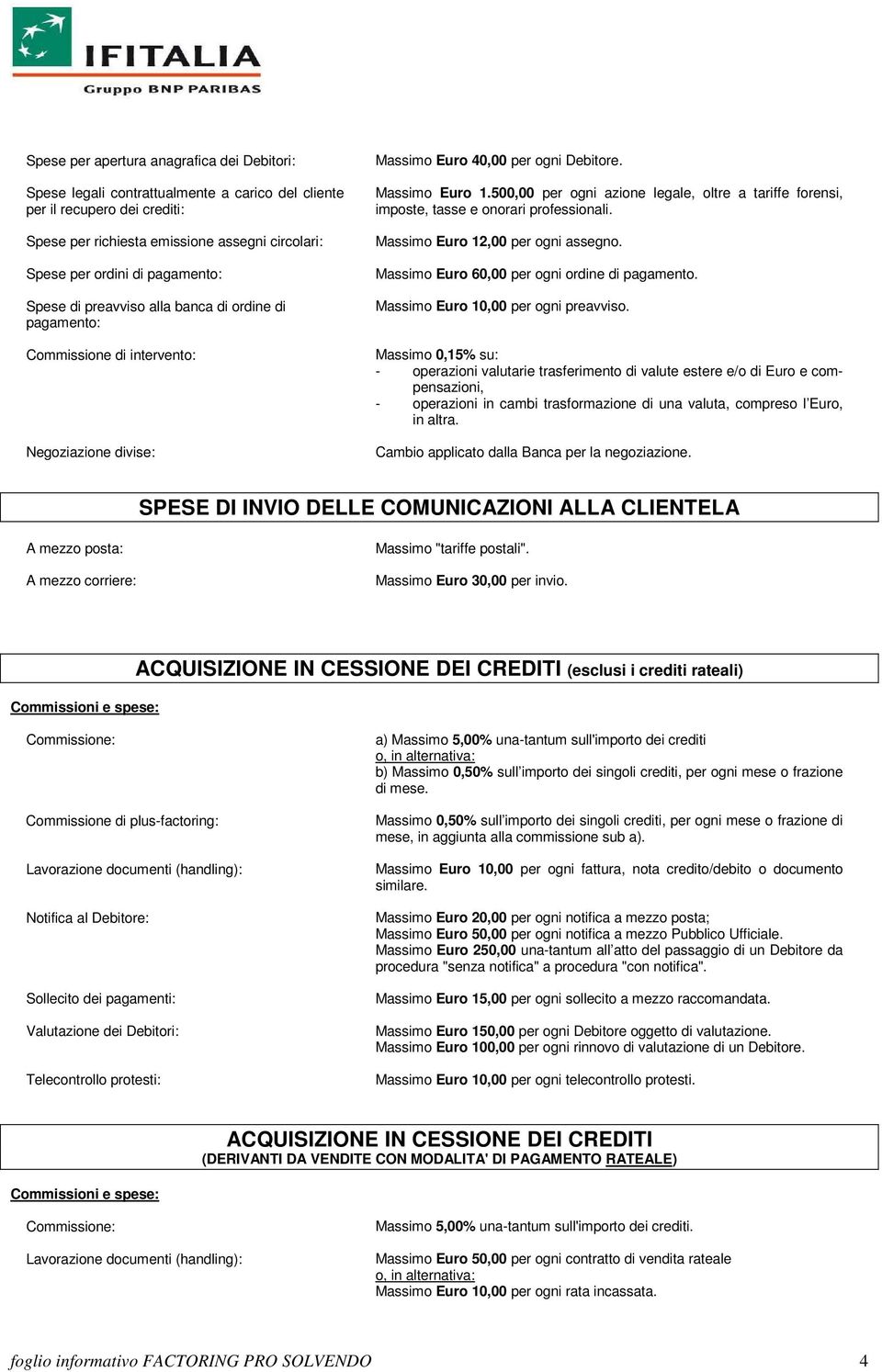 500,00 per ogni azione legale, oltre a tariffe forensi, imposte, tasse e onorari professionali. Massimo Euro 12,00 per ogni assegno. Massimo Euro 60,00 per ogni ordine di pagamento.