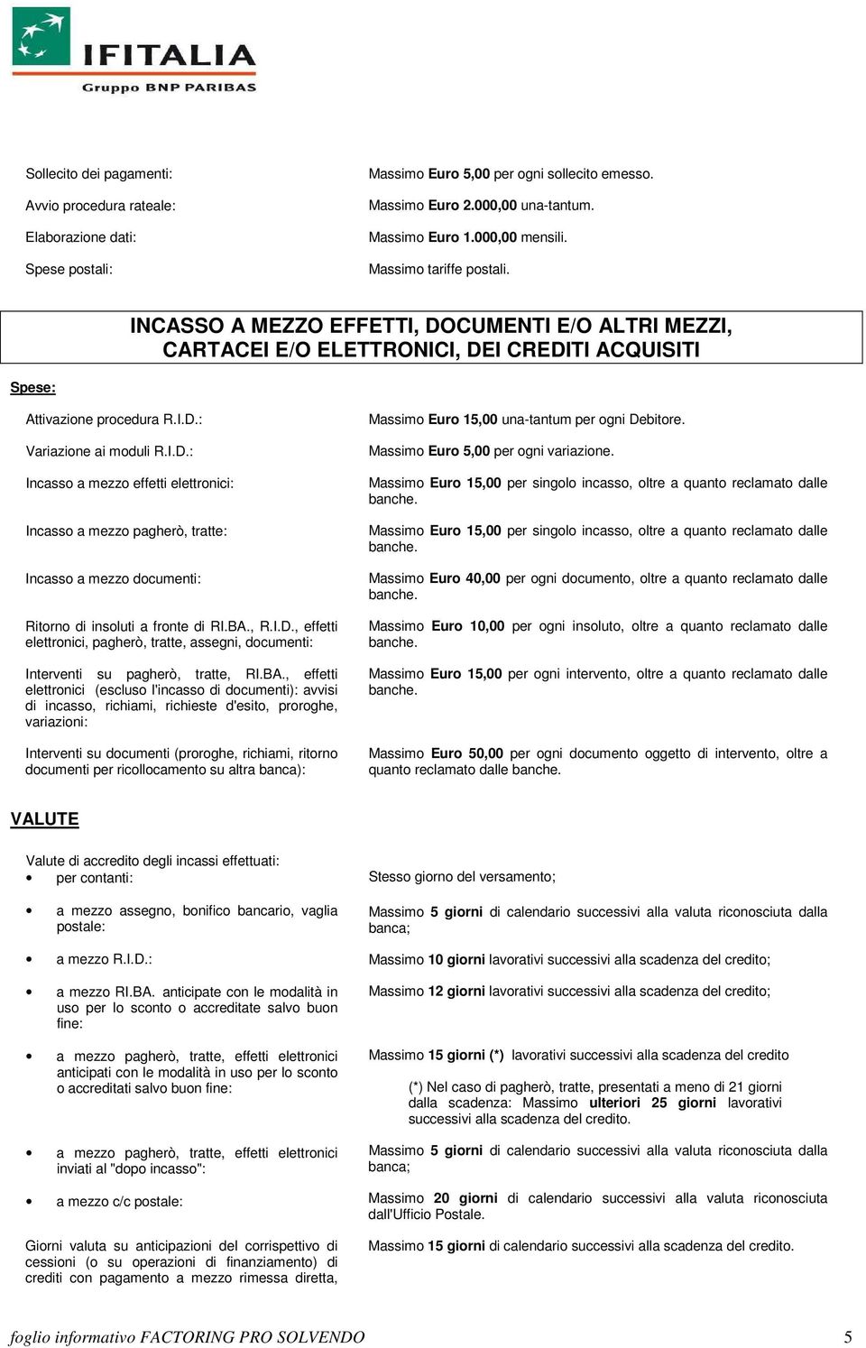 BA., R.I.D., effetti elettronici, pagherò, tratte, assegni, documenti: Interventi su pagherò, tratte, RI.BA., effetti elettronici (escluso l'incasso di documenti): avvisi di incasso, richiami,