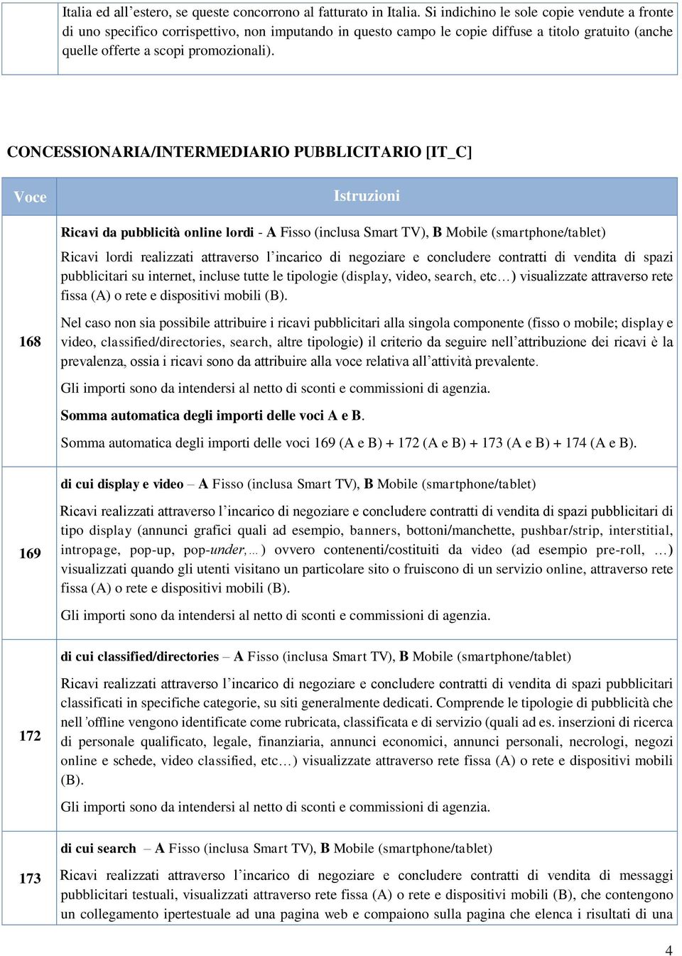 CONCESSIONARIA/INTERMEDIARIO PUBBLICITARIO [IT_C] Voce 168 Istruzioni Ricavi da pubblicità online lordi - A Fisso (inclusa Smart TV), B Mobile (smartphone/tablet) Ricavi lordi realizzati attraverso l