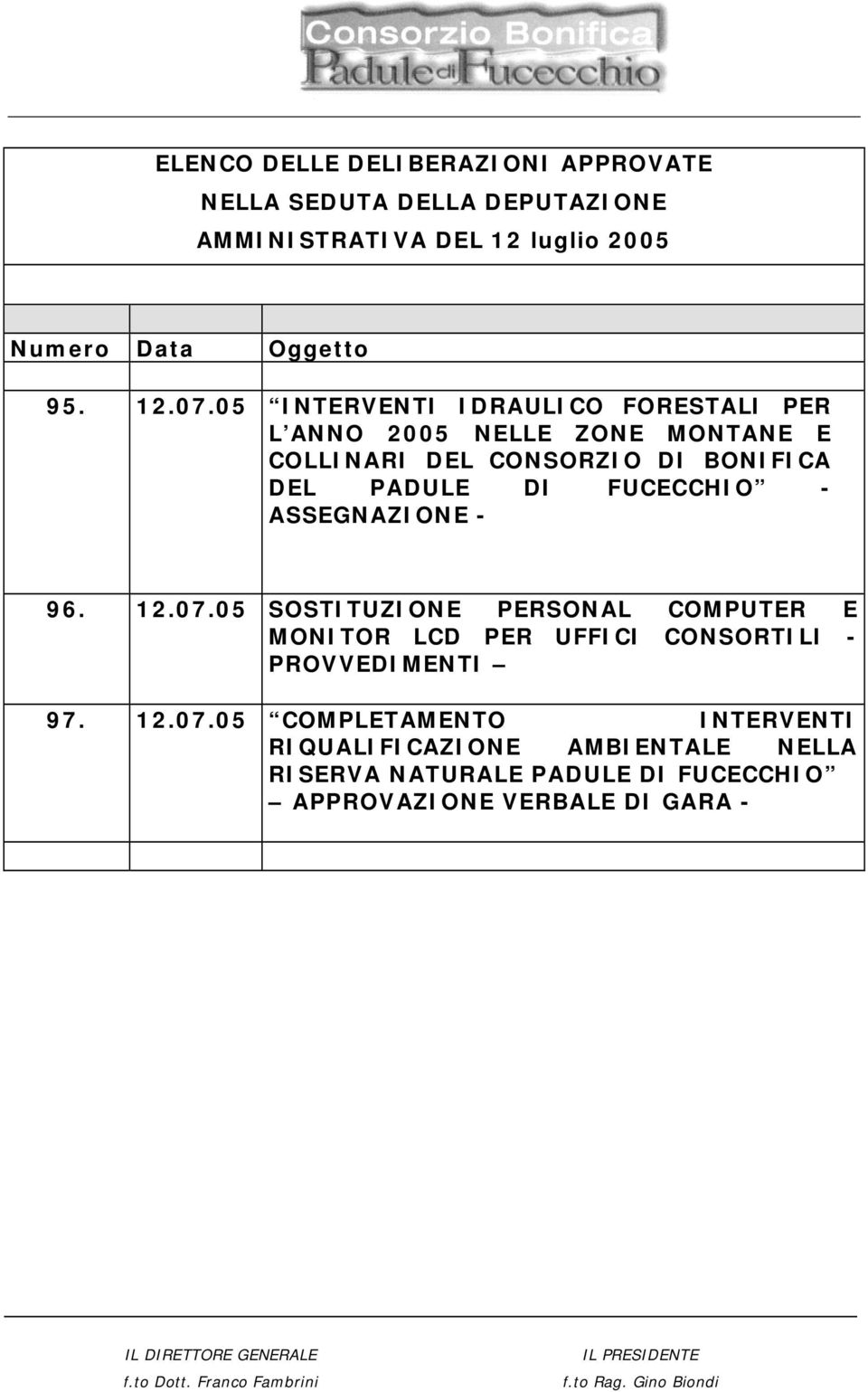 FUCECCHIO - ASSEGNAZIONE - 96. 12.07.05 SOSTITUZIONE PERSONAL COMPUTER E MONITOR LCD PER UFFICI CONSORTILI - PROVVEDIMENTI 97.