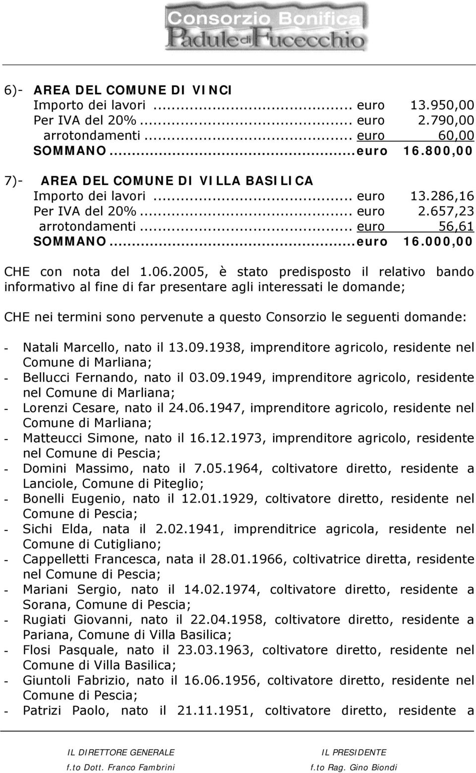 2005, è stato predisposto il relativo bando informativo al fine di far presentare agli interessati le domande; CHE nei termini sono pervenute a questo Consorzio le seguenti domande: - Natali