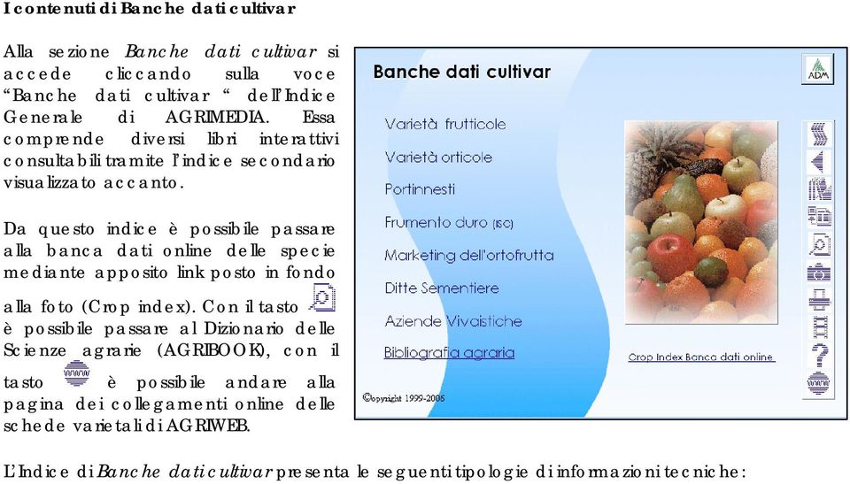 Da questo indice è possibile passare alla banca dati online delle specie mediante apposito link posto in fondo alla foto (Crop index).