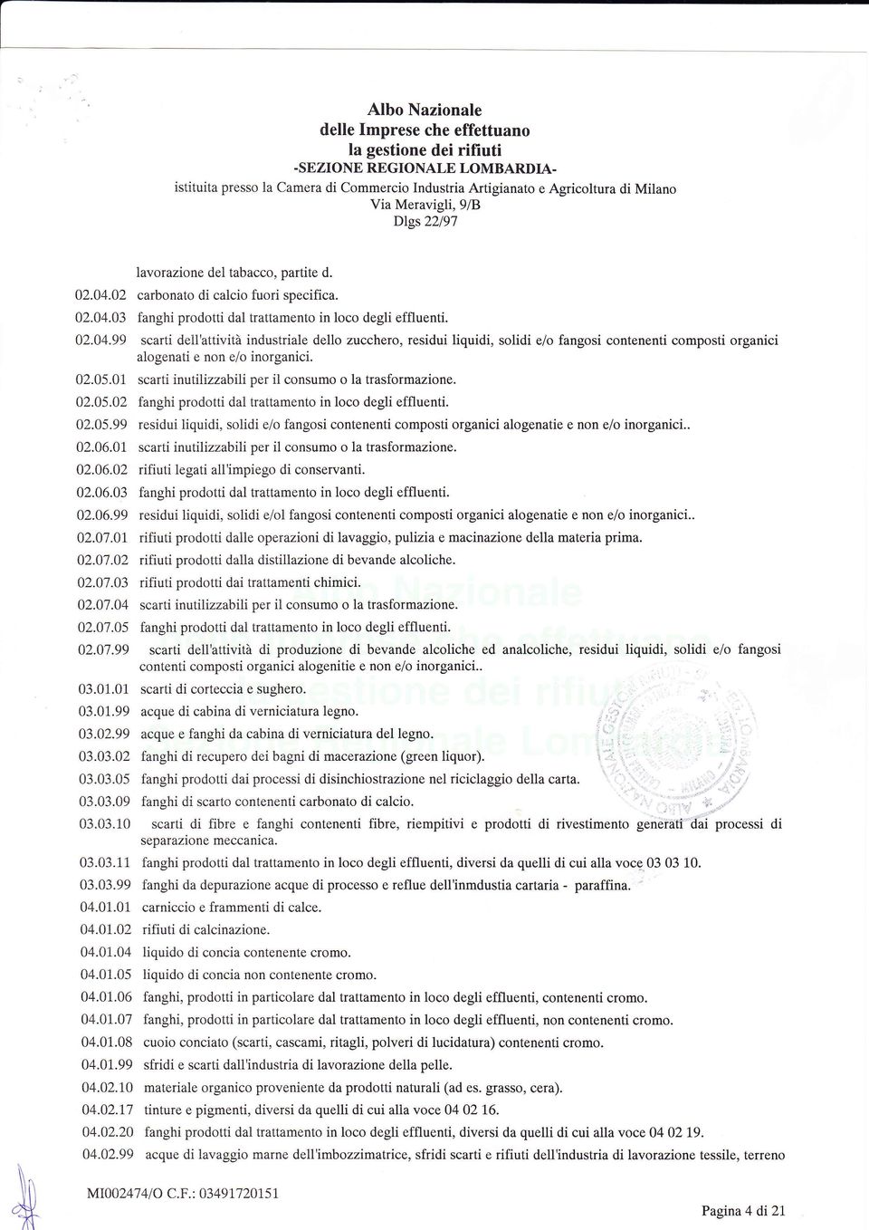 02.t7 04.02.20 04.02.99 lavorazione del tabacco, partite d. carbonato di calcio fuori specifica. fanghi prodotti dal trattamento in loco degli effluenti.