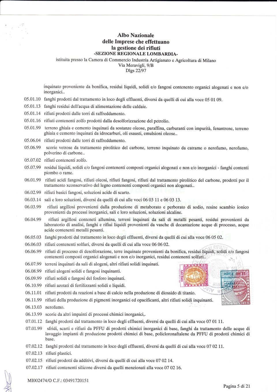 alogenati e non e/o inorganici.. 05.01.10 05.01.13 05.01.14 05.01.16 05.01.99 05.06.04 05.06.99 05.01.02 05.07.99 06.01.99 06.02.99 06.03.14 06.03.99 06.04.99 06.05.03 06.06.03 06.06.99 06.07.99 06.08.